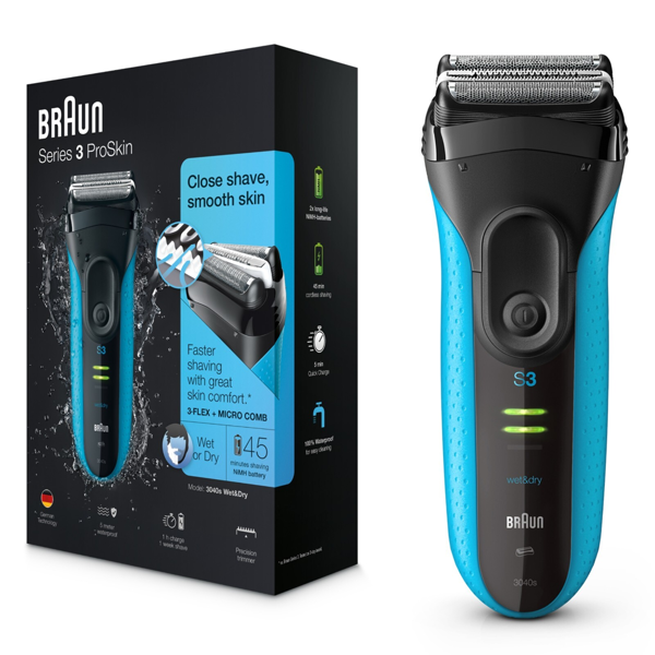 Braun Series 3 ProSkin 3040s Rechargeable Electric Shaver - Wet & Dry Electric Razor - Black/Blue