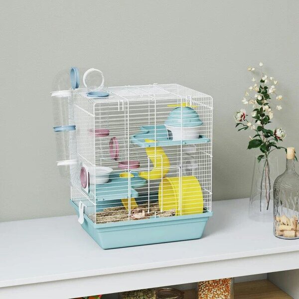 3-Level Hamster Cage with Exercise Wheel, Water Bottle, Food Bowl, for Dwarf Hamsters, 34.5 x 27.5 x 41 cm, Blue - Blue
