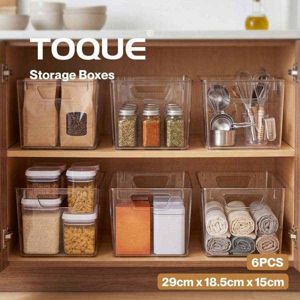 TOQUE 6PCS Fridge Storage Bins Clear Kitchen Organiser Containers PET Stackable