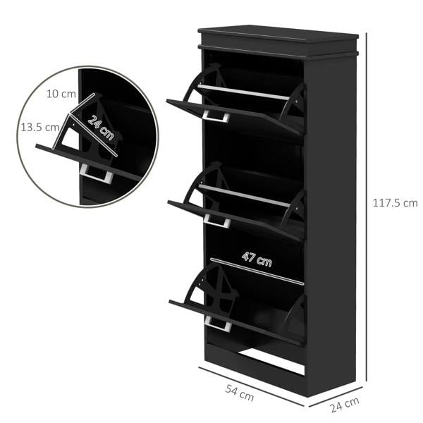 Black three-drawer shoe cabinet with open shelves and drawer dividers