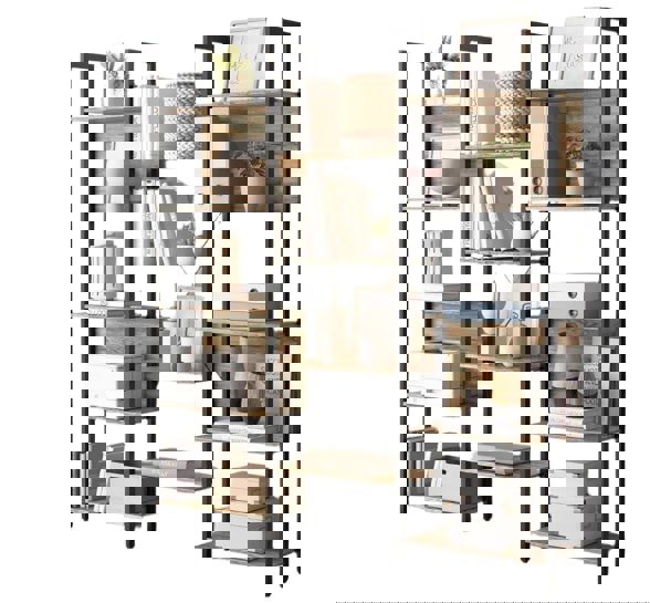 Modcraft Industrial Bookshelf with 14 Shelves – Turquoise Brown & Black Metal Frame – 158cm Wide Bookcase