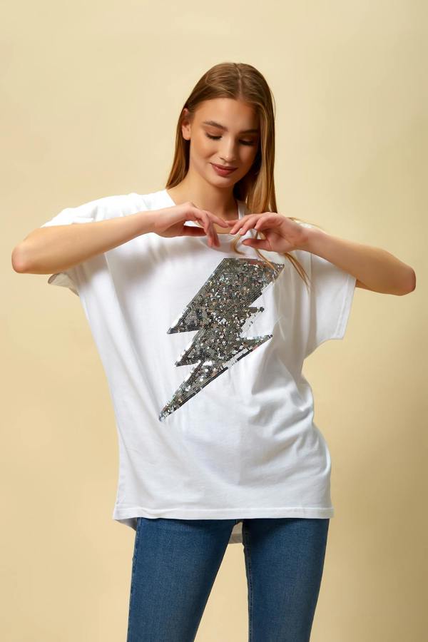Hoxton Gal Sequin Flash Top Relaxed Fit In White