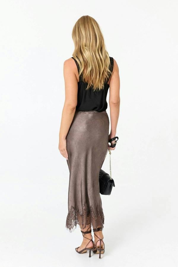 Brown | Lace Trim Satin Texture Midi Skirt