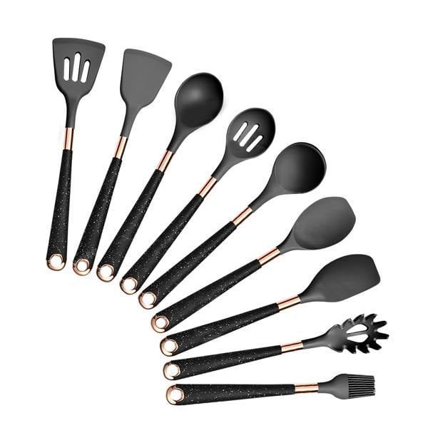 Anygleam Kitchen Utensils Non-stick Black 9 Set Gold Plated Handle with Support Point Cooking Tool Accessories Heat Resistant Kitchenware