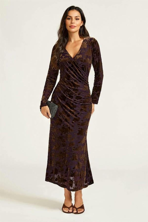 FS Collection Floral Velvet Devore Long Sleeve Wrap Midi Dress In Brown