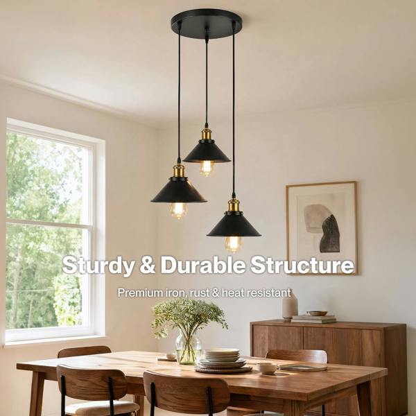 Emitto Pendant Light 3 Lights Height Adjustable Vintage Ceiling Light Black