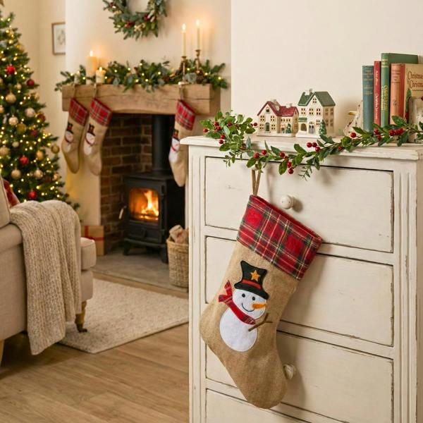 Large Snowman Christmas Stocking in Brown Hessian, 45cm Tall with 26cm Opening image 9