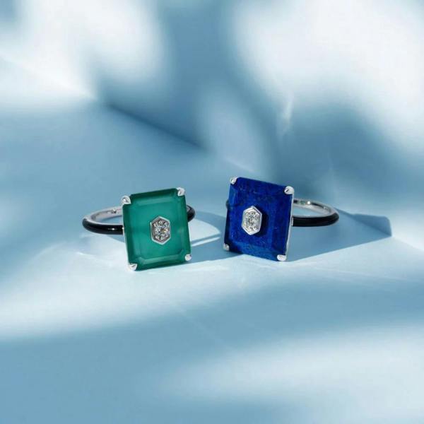 Gemondo Grand Deco Black Enamel, Lapis Lazuli & Colourless Topaz Ring in Sterling Silver