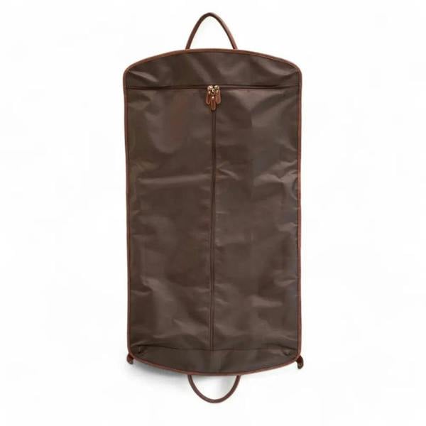 Cognac garment bag with a zipper on a white background