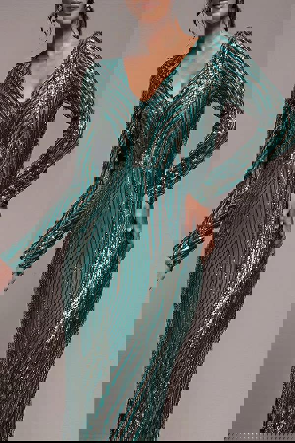 Two Toned V Neck Sequin Maxi - Emerald Green DR3494