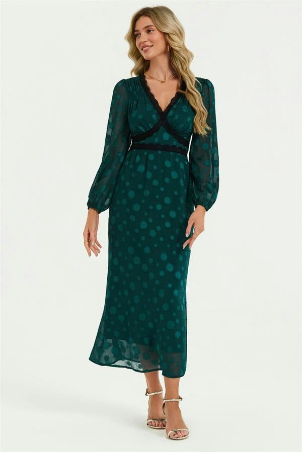 FS Collection Long Sleeve Dot Jacquard Lace Trim Maxi Dress In Green