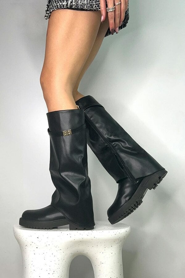 XY LONDON Chunky Low Heel Knee High Fold Over Boots