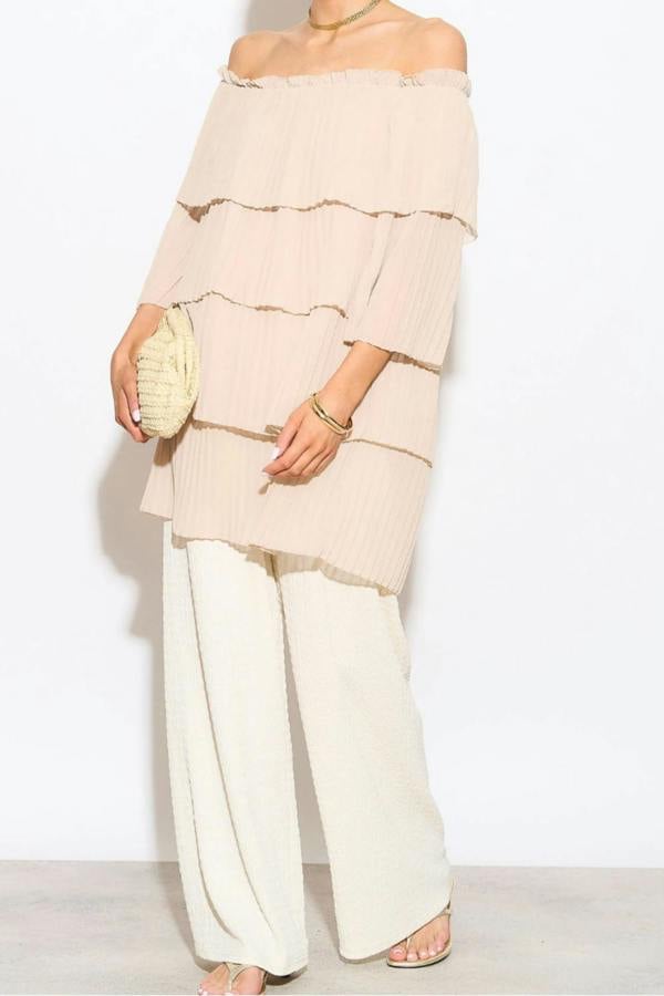 Hoxton Gal Relaxed Fit Off Shoulder Pleated Layer Detailed Blouse Top in Beige