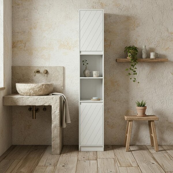 Wyld Haus Fibava Slim Freestanding Bathroom Storage Cabinet With OFauxn Compartment Adjustable Shelves White 30 x 24 x 170 cm