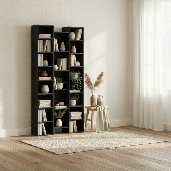 Wyld Haus Faelsu Nota Wooden Black Twenty One Compartment Storage Bookcase