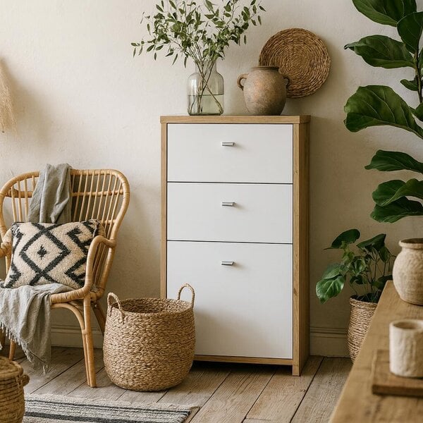 Wyld Haus Willowmere White and Natural Artisan Wood Chest Storage Cabinet 2 Drawers 1 Door