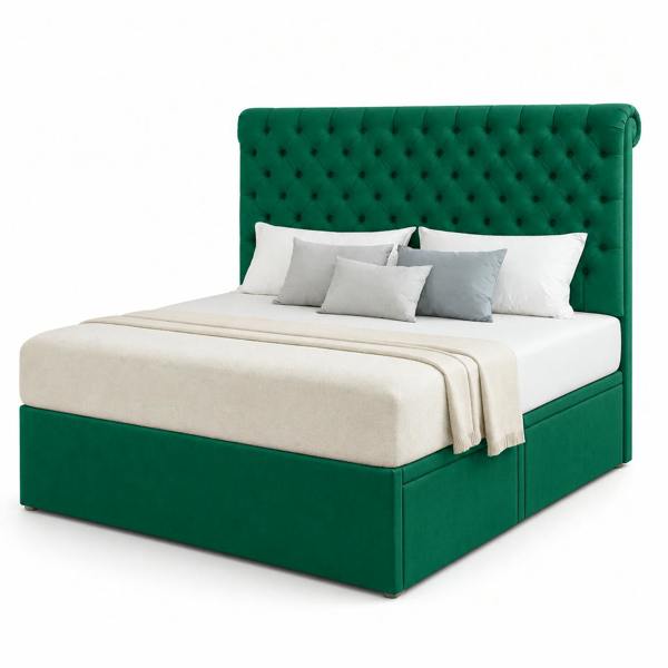 Great British Beds Sleigh Divan Bed - Green Plush