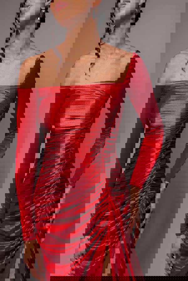 Slinky Satin One Shoulder Split Maxi Dress - Red DR4388