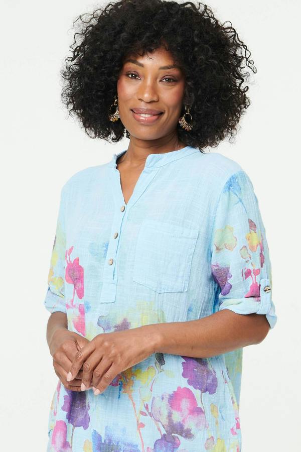 Blue | Floral Turn-Up Sleeve Curve Hem Blouse