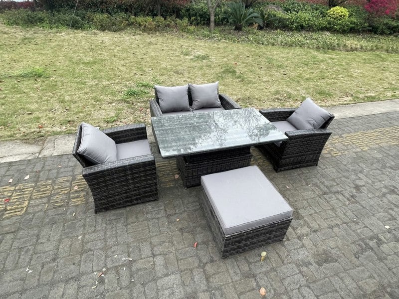 Fimous Rattan Outdoor Furniture Adjustable Rising Lifting Rectangle Dining Table Chairs Two Seater Love Sofa Sets Big Footstools 5 Seater