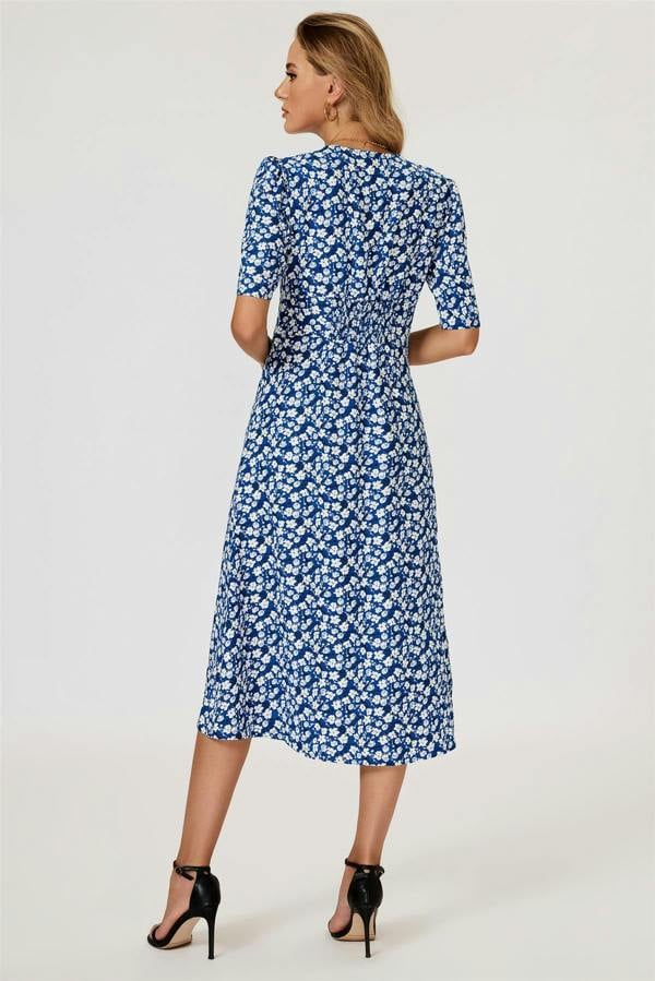 FS Collection Floral Print Button Front Midi Dress In Blue
