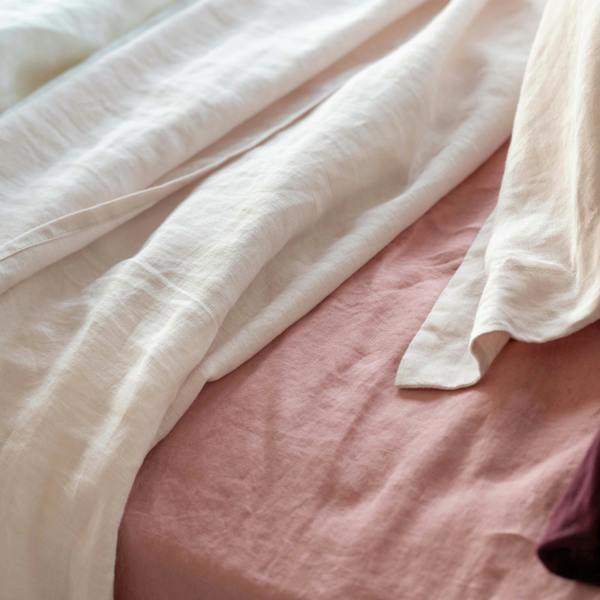 Blush Pink French Linen 40cm Deep Fitted Sheets in a styled bedroom 5 | Soak and Sleep