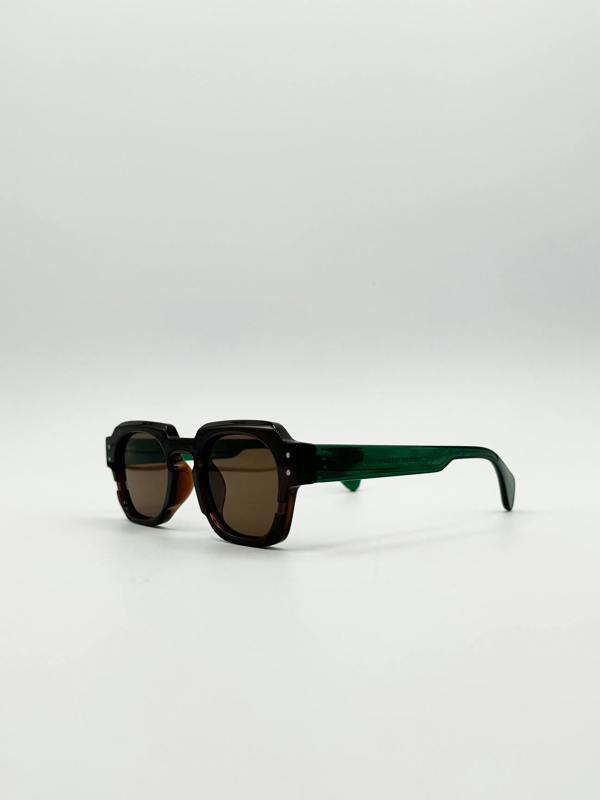 Angular Wayfarer Style Sunglasses in Brown with Green Arms - svnx