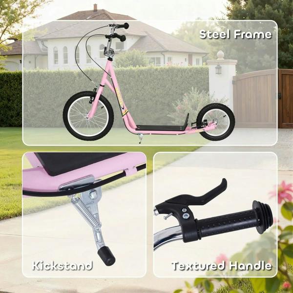 Pink kids kick scooter with steel frame, kickstand, and textured handlebar grip