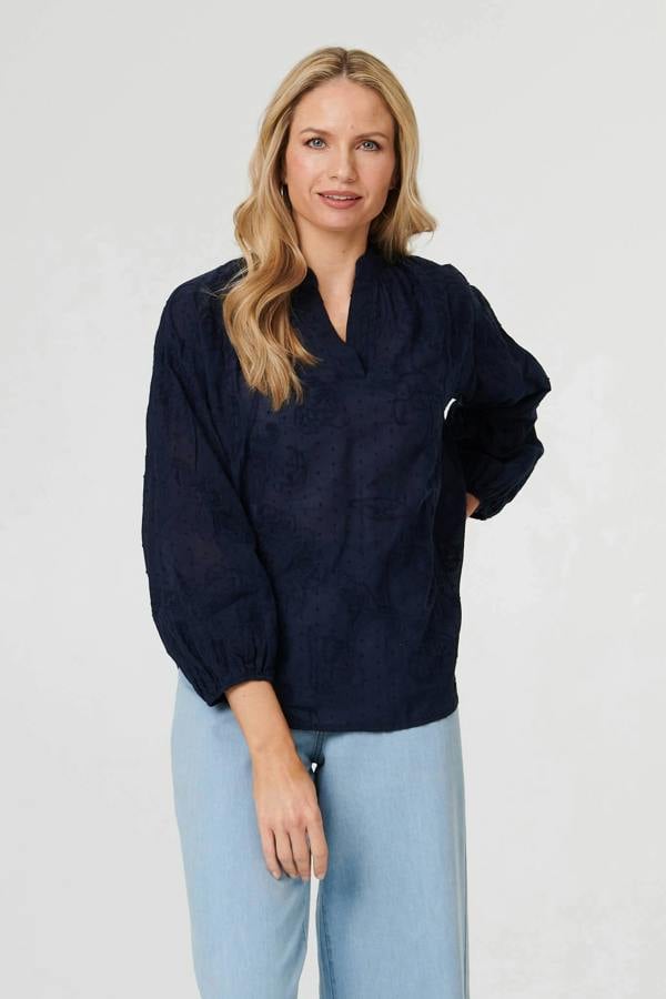Navy | Embroidered Layered Long Sleeve Blouse : Model is 5'10"/178 cm and wears UK10/EU38/US6/AUS10