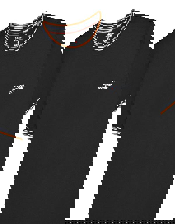 Lambretta Mens Twin Tipped Pique Classic Casual Smart T-Shirt, black polo shirt with striped collar and sleeves, embroidered Lambretta logo on chest.