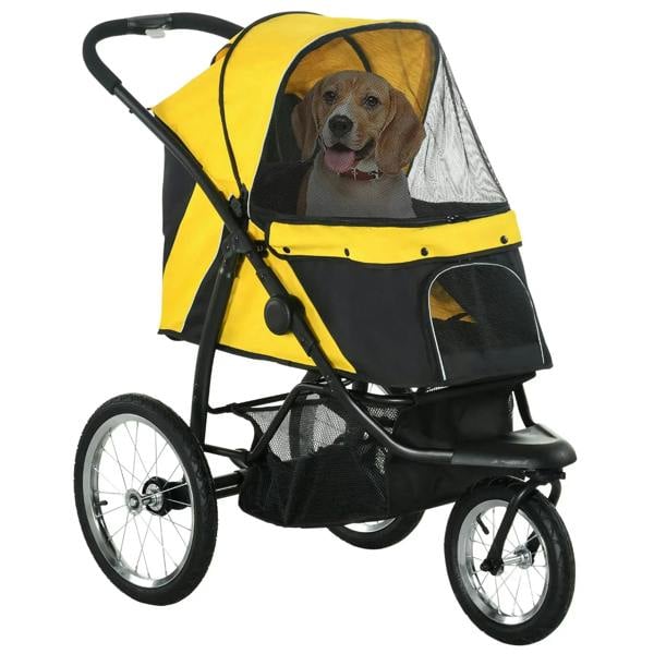 Yellow foldable pet stroller jogger with mesh canopy and three-wheel frame, front view