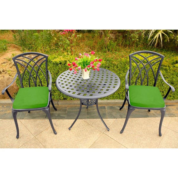 Centurion Supports OSHOWA Luxurious Garden and Patio Table and 2 Large Chairs with Armrests Cast Aluminium Bistro Set - Grey with Green Cushions