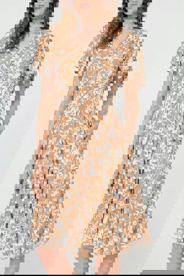 Brown | Printed Shirred Knee Length Dress