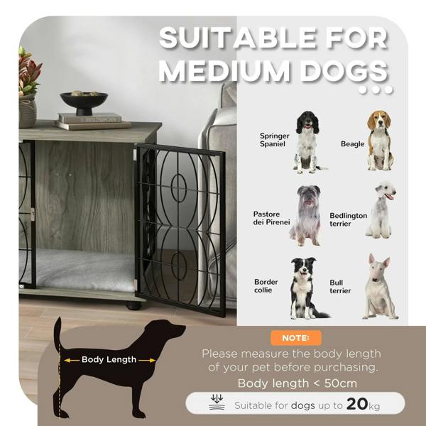 Grey dog crate end table with side open door and plush cushion for medium dogs