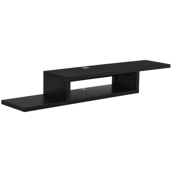 Black wall-mounted TV console with open shelf and cable cutout