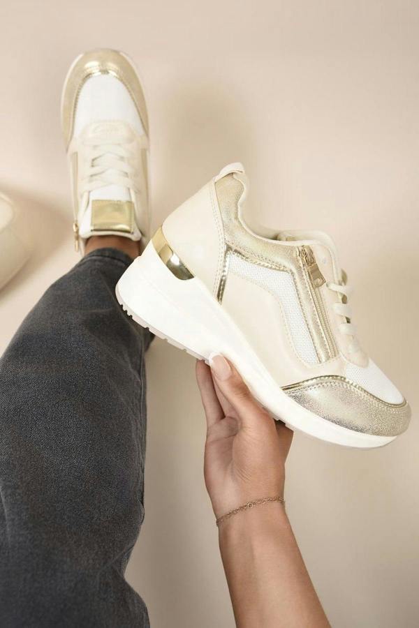 Elira Zip Side Mesh Panel Wedge Trainers - Gold