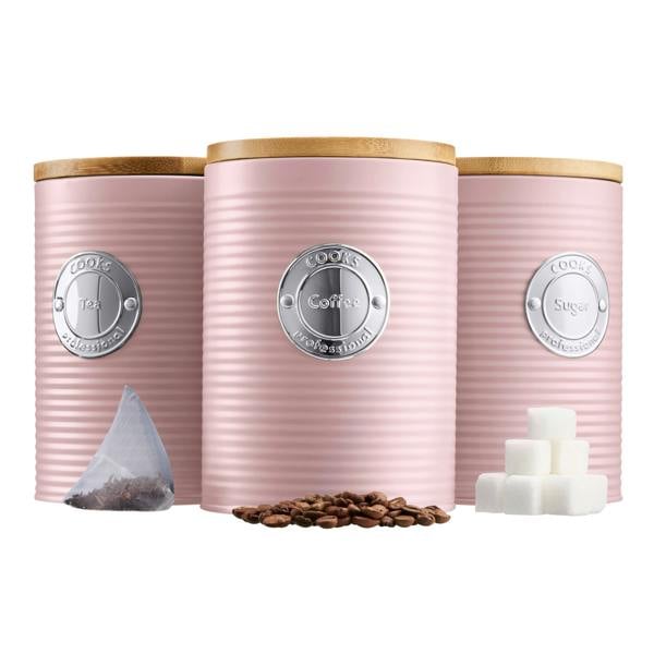 Cooks Professional 5 Piece Kitchen Storage Set with Bamboo Lids | Pink / Silver