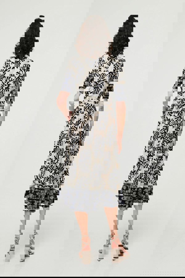 Navy | Border Print Ruched V-Neck Midi Dress
