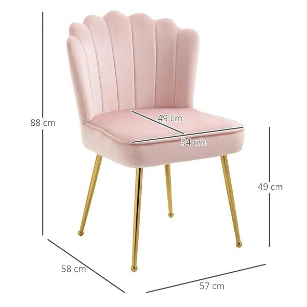 Pink shell-back accent chair with padded seat and labeled dimensions on front view