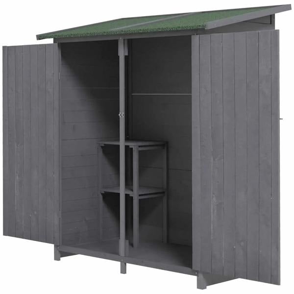 Grey wooden garden shed with double doors open and built-in shelves