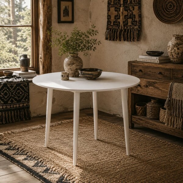 Wyld Haus Zinise Solid Wood White Round Folding Dining Table Seating 4 With TaFauxred Legs