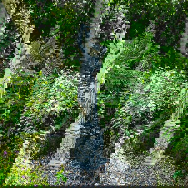 Classic Stone Cast Girl statue with an Urn and Decorative Square Plinth