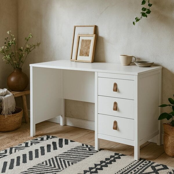 Wyld Haus Wildberry Matt White Wooden Desk 3 Drawers Leather Handles