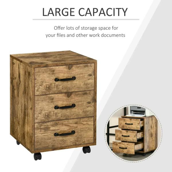 Rustic brown three-drawer file cabinet on caster wheels with black drawer handles