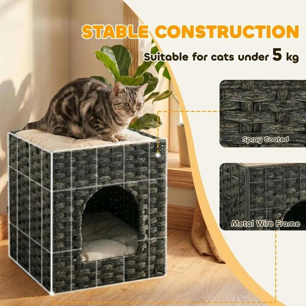 2-Tier Wicker Cat House, Handwoven Rattan Cat Bed with Washable Cushions, Indoor Kitten Condo Hideaway