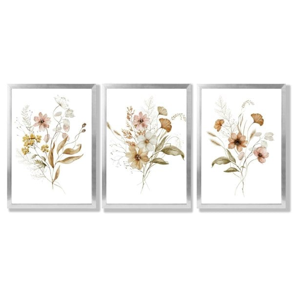 Autumn Wild Flower Bouquets Set of 3 Framed Art Prints with Silver Wood Frames