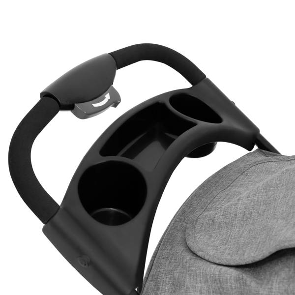 Grey pet jogger handle with dual cup holders, featuring a soft grip and sleek design for comfortable pushing during walks