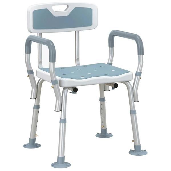 Light blue padded shower chair with backrest, armrests, and suction feet.