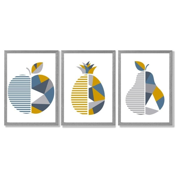 Artze Wall Art Set of 3 Blue & Yellow Geometric Fruit Framed Prints