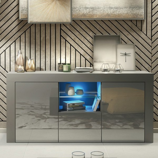 Mex Furniture Modern 145cm TV Unit, Cabinet Stand & Sideboard with Grey Gloss Doors & Free LED